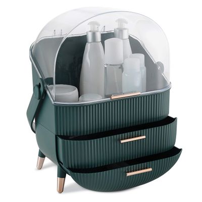 Navaris Makeup Organizer Storage Box - Cosmetics, Skincare and Beauty Case with Clear Lid Display and 2 Drawers - Bathroom Counter or Vanity - Green