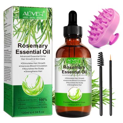 Organic Rosemary Oil for Hair Growth 4.04 Fl Oz with Scalp Massager, Pure Rosemary Essential Oil for Eyelashs, Eyebrows, Face, Skin Care, Body Massage, Nourishes The Scalp, Improve Blood Circulation