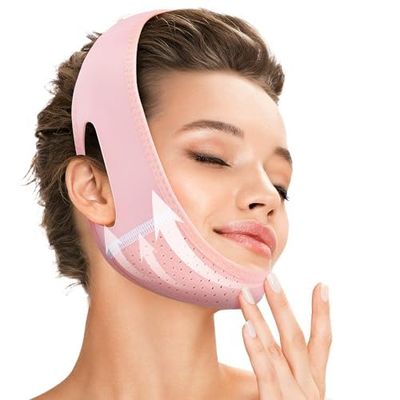Juskaa Reusable V Line Lifting Mask with Chin Strap for Sleeping,Face Lift Prevent Sagging, Jaw Exerciser,light pink,M
