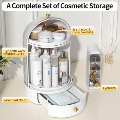 Skincare Organizers with Lids, 360 Rotating Makeup Storage Organizer with Lipstick Holder,Cosmetics Skincare Organizers with Lid and Drawer Cosmetic Display Cases for Countertop (Clear-B)