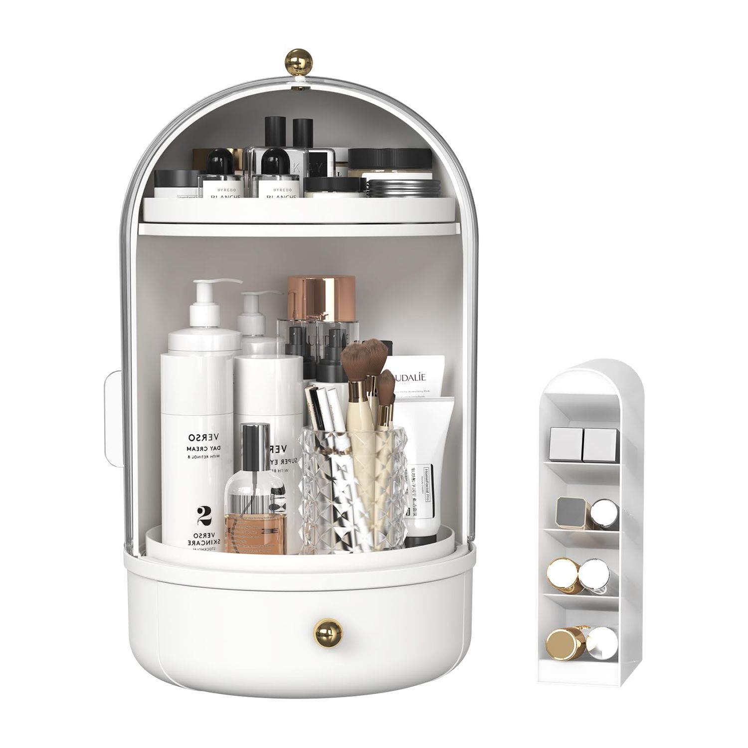 Skincare Organizers with Lids, 360 Rotating Makeup Storage Organizer with Lipstick Holder,Cosmetics Skincare Organizers with Lid and Drawer Cosmetic Display Cases for Countertop (Clear-B)