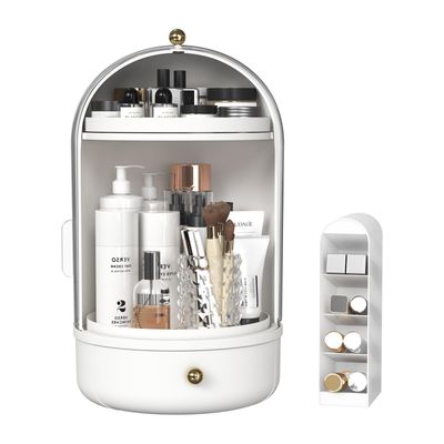 Skincare Organizers with Lids, 360 Rotating Makeup Storage Organizer with Lipstick Holder,Cosmetics Skincare Organizers with Lid and Drawer Cosmetic Display Cases for Countertop (Clear-B)