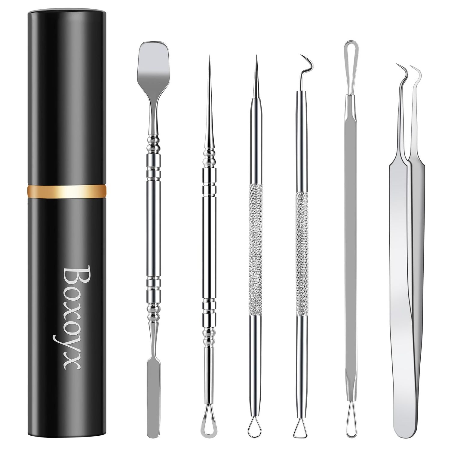 Pimple Popper Tool Kit - Boxoyx 6 Pcs Pore Prep Blackhead Remover Comedone Extractor Kit with Box for Quick and Easy Removal of Pimples, Blackheads, Zit Removing, Forehead,Facial and Nose (Silver)