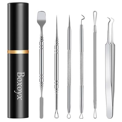 Pimple Popper Tool Kit - Boxoyx 6 Pcs Pore Prep Blackhead Remover Comedone Extractor Kit with Box for Quick and Easy Removal of Pimples, Blackheads, Zit Removing, Forehead,Facial and Nose (Silver)