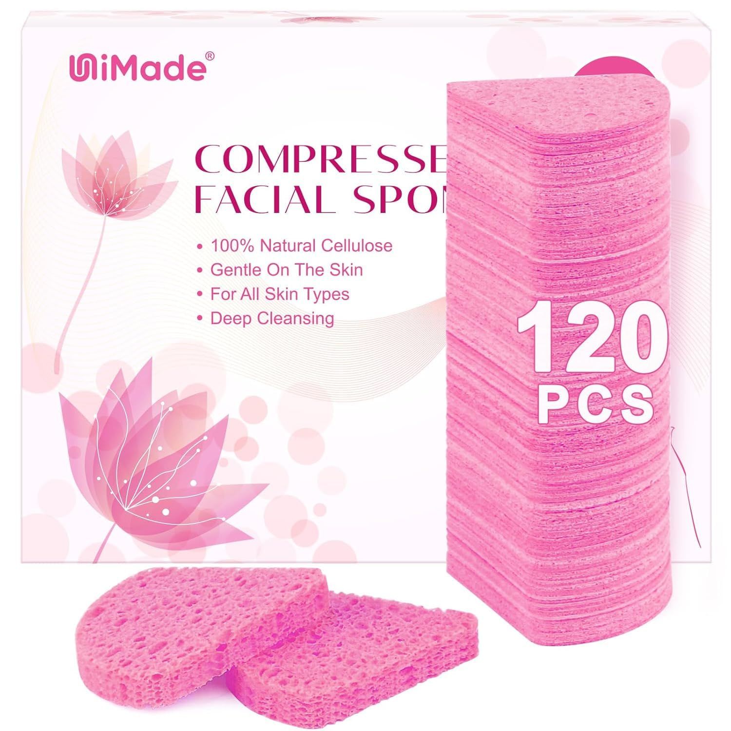 UNIMADE 120-Count Compressed Facial Sponges, Face Sponges for Cleansing, 100% Natural Cellulose Cosmetic Spa Sponges for Facial Cleansing, Makeup Removal, Exfoliating Mask, Skin Massage - Pink