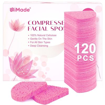 UNIMADE 120-Count Compressed Facial Sponges, Face Sponges for Cleansing, 100% Natural Cellulose Cosmetic Spa Sponges for Facial Cleansing, Makeup Removal, Exfoliating Mask, Skin Massage - Pink