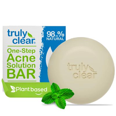 Truly Clear Acne Bar - Plant-Based 1-Step Pimple Treatment for Face, Chest &amp; Back - Approved for Acne, Rosacea, Non-Drying, Pharmaceutical Grade, Salacylic Acid + Hyaluronic Acid