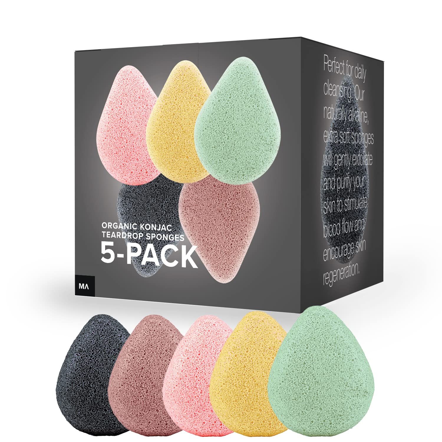 Minamul Konjac Exfoliating Organic Facial Sponge Set | Gentle Daily face Scrub/Skincare | Safe for Oily, Dry, Combination or Sensitive Skin | Charcoal, Turmeric, French Green, Red &amp; Pink Clay