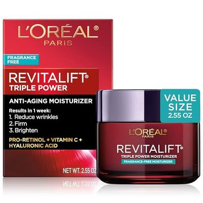 L&#39;Oreal Paris Revitalift Triple Power Anti-Aging Face Moisturizer, Fragrance Free, Pro Retinol, Hyaluronic Acid &amp; Vitamin C to Reduce Wrinkles, Firm &amp; Brighten Skin, 2.55 Oz