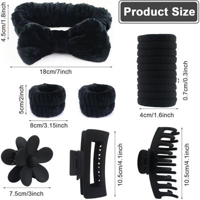 WORFACE 16 Pcs Face Wash Headband Wristband Hair Clips Ponytail Holders Set for Women, Soft Spa Bowknot Headband, Plastic Hair Claw Clips, Elastics Hair Tie for Facial Skincare Makeup (Black, M)