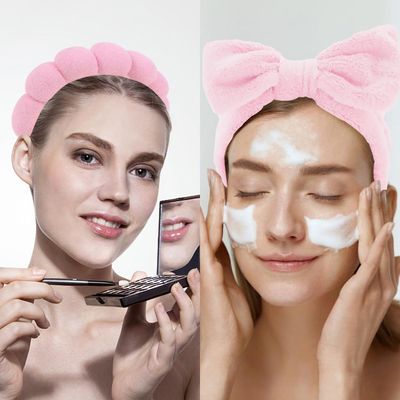 Wecoe 4pcs Skincare Headband For Washing Face Spa Makeup Face Wash Bow Headband Cute Girly Pink Black Puffy Microfiber Sponge Bubble Headband Hair Accessories For Women Girls Kids Teens Spa Gifts
