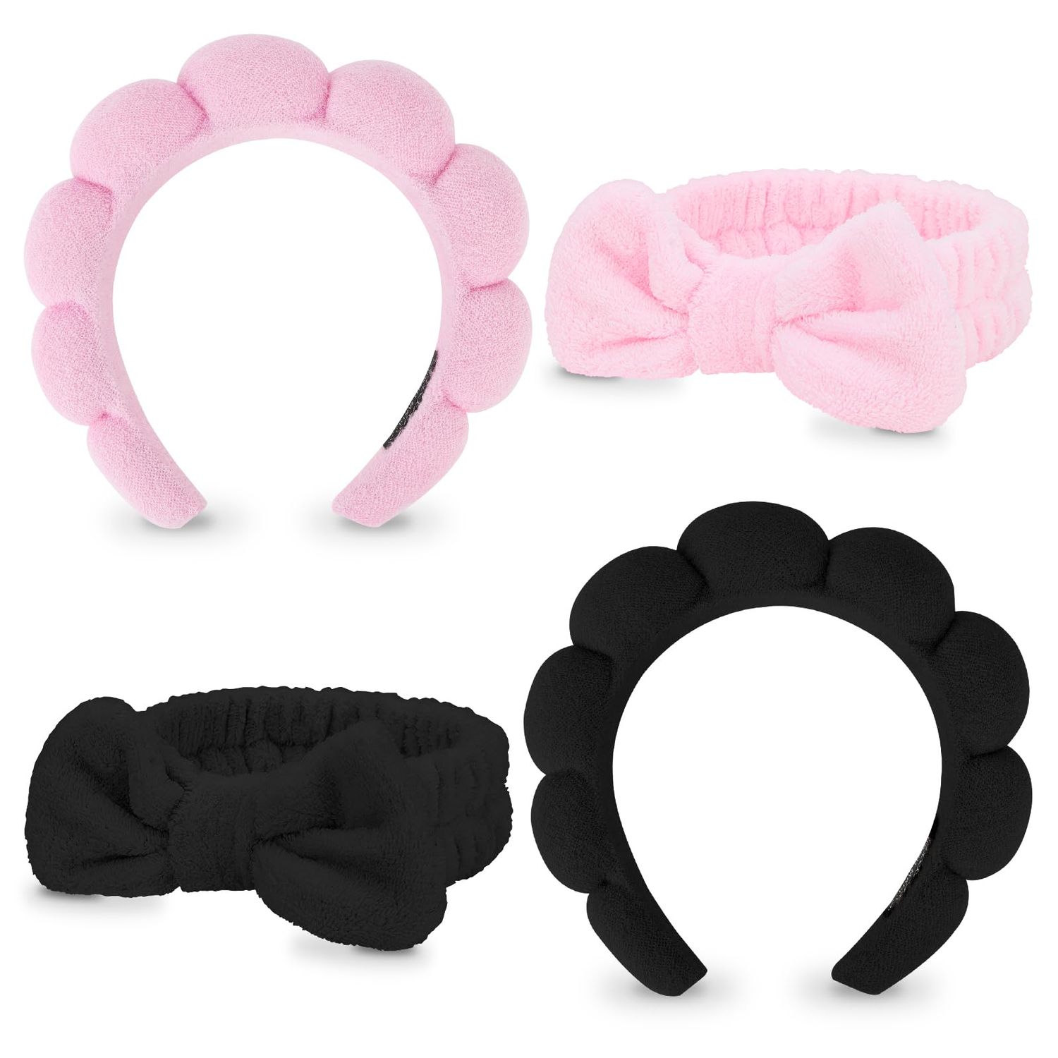 Wecoe 4pcs Skincare Headband For Washing Face Spa Makeup Face Wash Bow Headband Cute Girly Pink Black Puffy Microfiber Sponge Bubble Headband Hair Accessories For Women Girls Kids Teens Spa Gifts