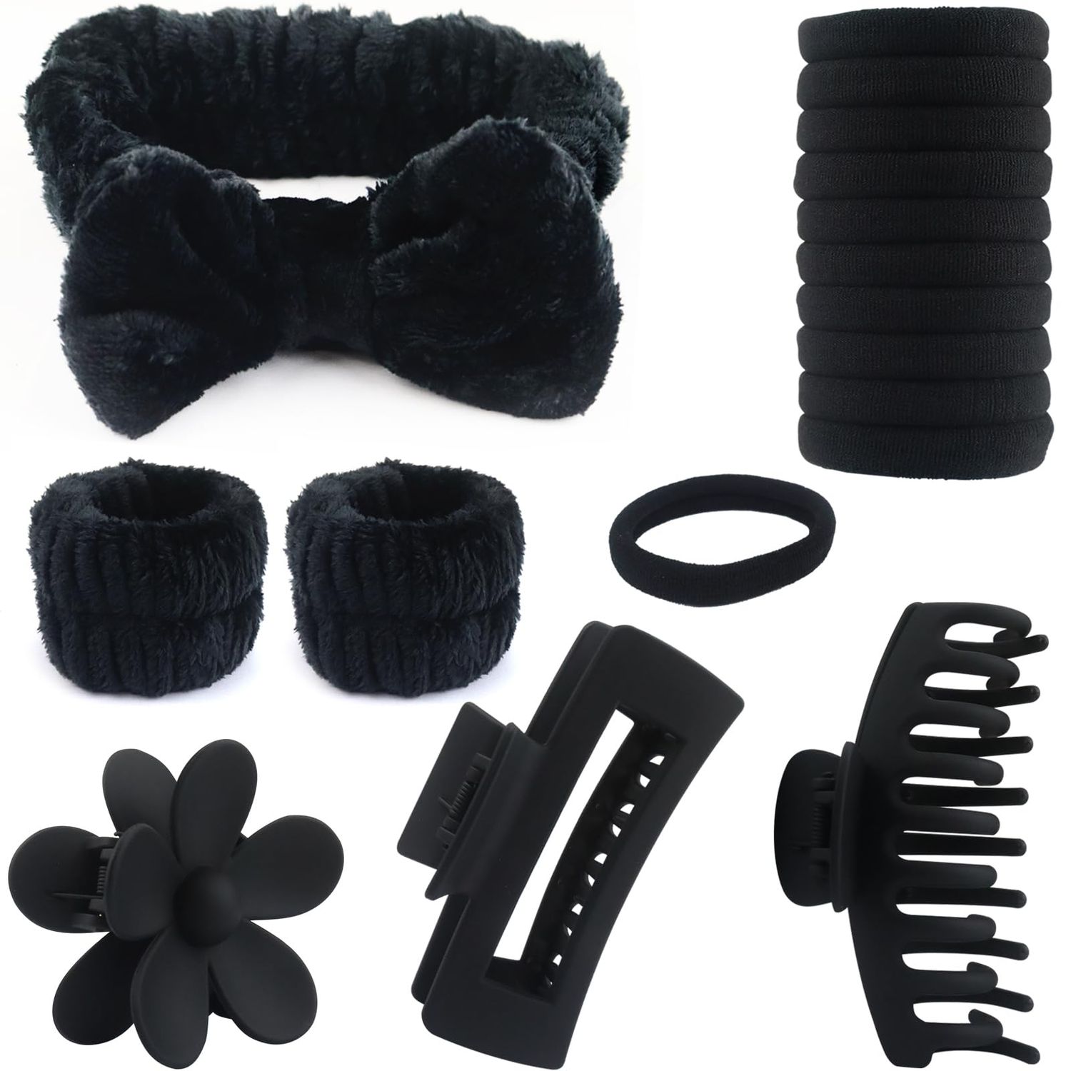 WORFACE 16 Pcs Face Wash Headband Wristband Hair Clips Ponytail Holders Set for Women, Soft Spa Bowknot Headband, Plastic Hair Claw Clips, Elastics Hair Tie for Facial Skincare Makeup (Black, M)