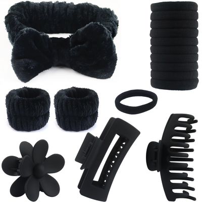 WORFACE 16 Pcs Face Wash Headband Wristband Hair Clips Ponytail Holders Set for Women, Soft Spa Bowknot Headband, Plastic Hair Claw Clips, Elastics Hair Tie for Facial Skincare Makeup (Black, M)