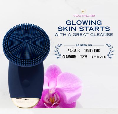 YouthLab SoniGlow, Navy, Silicone Facial Skin Cleansing Brush, Electric, Vibrating, Scrubber, Hygienic, Exfoliation, Massage, Firm, Tone, Blackheads, Pores, Waterproof, Rechargeable, Makeup Removal