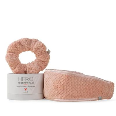 VOLO Cloud Pink Spa Headband &amp; Scrunchie Set for Women | Towel Hair Accessories for Makeup, Washing Face, Self Care &amp; Skin Care | Ultra Soft, Absorbent &amp; Stretchy | Perfect Pair Bundle | Microfiber