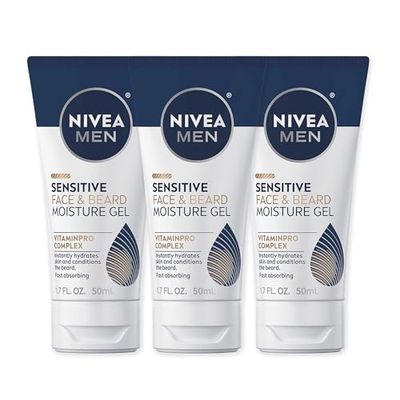 Nivea Men Sensitive Face and Beard Moisture Gel, Gentle Face and Beard Moisturizer for Men Instantly Hydrates Skin and Conditions Beards, 1.7 Fl Oz Tube, Pack of 3