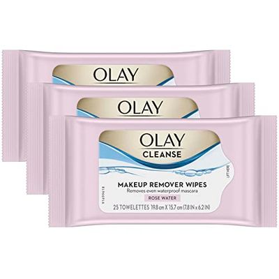 Olay Cleanse Makeup Remover Cleansing Face Wipes, Daily Facial Towelettes, Rose Water, 25 Count, 3 Pack