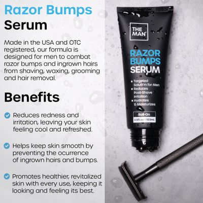 The Man Razor Bumps Serum - Ingrown Hair Treatment for Men - Razor Bump Solution for Face & Body - After Shave & Razor Burn Treatment - Metal Roll On Soothes the Skin & Calms Irritation (3.5fl.oz)