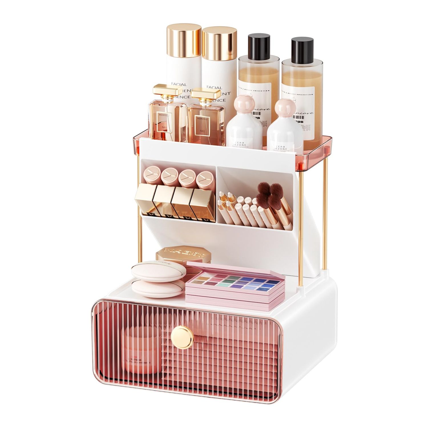 Multi-Purpose Makeup Organizer with Drawer, High-Capacity Skincare Countertop, Exquisite Vanity Organizer, Cosmetic Display Cases, Bathroom Organizer, Vanity Organizer (Rose Pink)