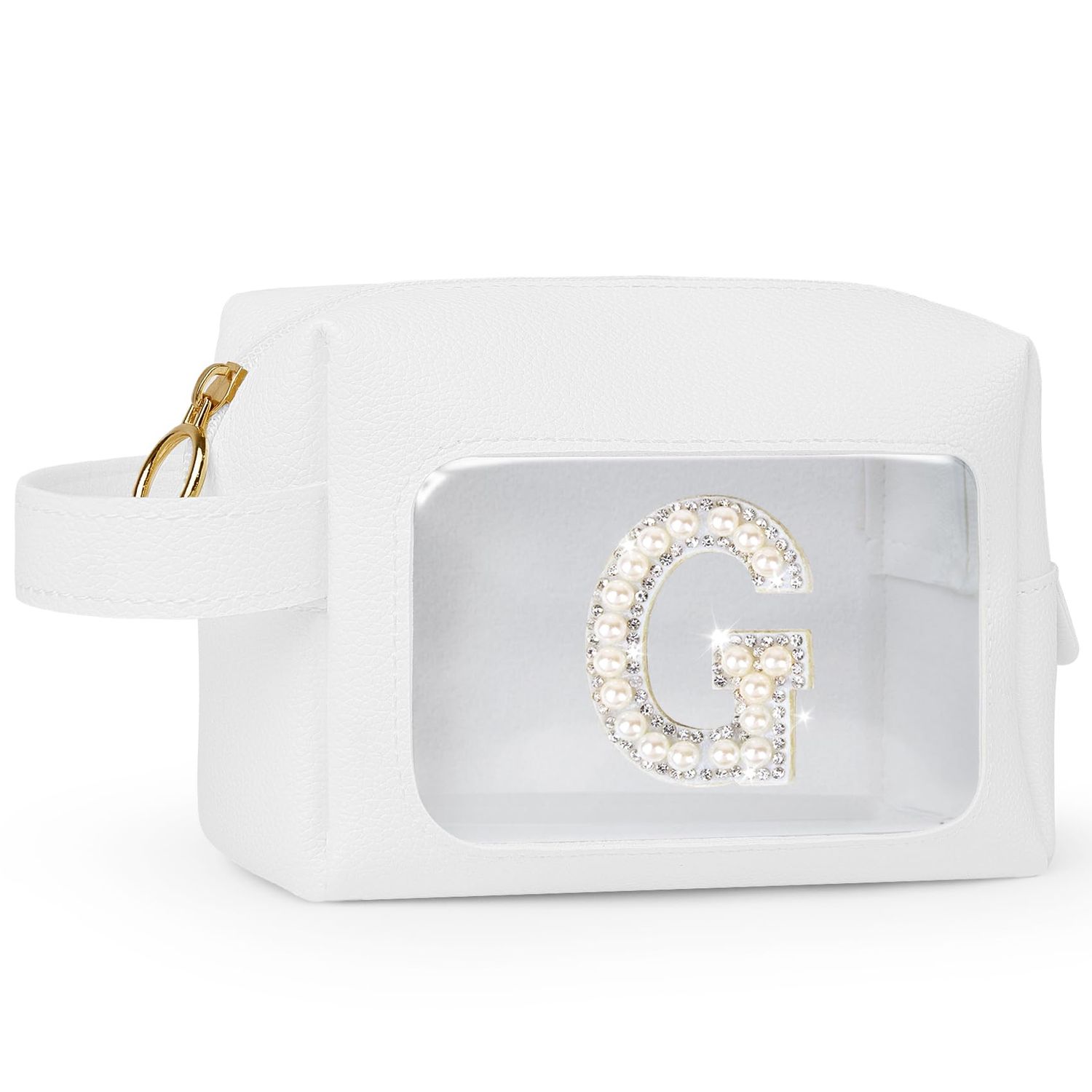 Personalized Bridesmaid Gifts Initial Make Up Bag Travel Toiletry Bag,Clear Makeup Bag Pearl Letter Cosmetic Bags, 30th 40th 50th Brithday Gifts for Women Friend Sister Mother Teacher (G-white)