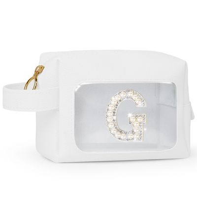 Personalized Bridesmaid Gifts Initial Make Up Bag Travel Toiletry Bag,Clear Makeup Bag Pearl Letter Cosmetic Bags, 30th 40th 50th Brithday Gifts for Women Friend Sister Mother Teacher (G-white)