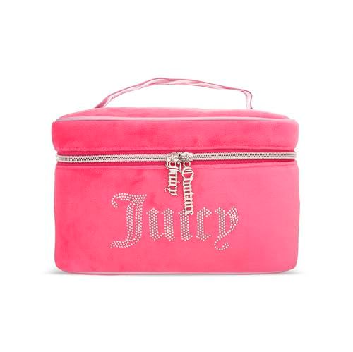 Juicy Couture Women&#39;s Cosmetics Bag - Travel Makeup and Toiletries Train Case Organizer, Size One Size, Pink Terry with Rhinestone Logo