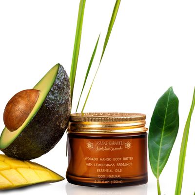 Jasmine Karamel Natural, Organic Mango, Avocado Body Butter, Premium Grade, Botanical Power, Vegan, Chemical Free, Deep Hydration, Non-Greasy, All Skin Types, Scented with Lemongrass &amp; Bergamot Oils