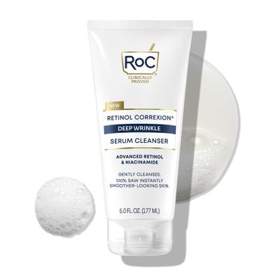RoC Retinol Correxion Deep Wrinkle Serum Facial Cleanser with Niacinamide for Anti-Aging and Fine Lines, Long-Wear Makeup Remover, Fragrance Free Skin Care, Stocking Stuffers for Men &amp; Women, 6 Ounces