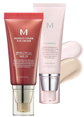 MISSHA BB ESSENTIALS KIT M PERFECT COVER BB CREAM No.21 Light Beige for Bright Skin/SPF 42 PA+++ 1.69 oz &amp; M BB Boomer 1.35 oz -Lightweight, Multi-Function, High Coverage