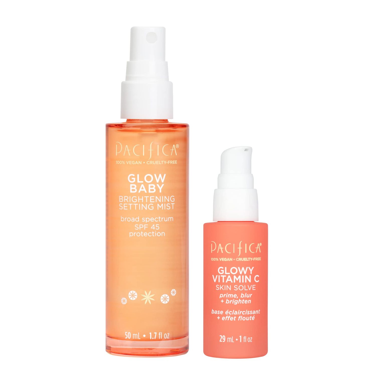 Pacifica Beauty Glow Baby Brightening Setting Mist &amp; Glowy Vitamin C Skin Solve Set, Skincare, Suncare, SPF 45, UVA/UVB, Blue Light Protection, Primer, Vegan, 1.7 fl oz and 1 fl oz (Set of 2)