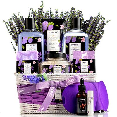 Valentines Gift Basket, Lavender &amp; Lilac Spa Gift Basket For Women &amp; Men - Handmade Soap, Potpourri, BathBomb, Jojoba Oil, Organic Lip Balm &amp; More - Stress Relief Set, Bath &amp; Body Self Care Package
