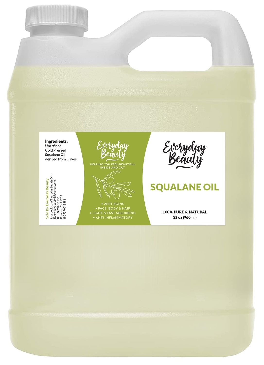 Squalane Oil Bulk- 32 oz 100% Pure &amp; Natural Plant Derived Facial Oil - Cold Pressed and Unrefined Premium Grade Multipurpose Moisturizing Oil For Skin and Hair