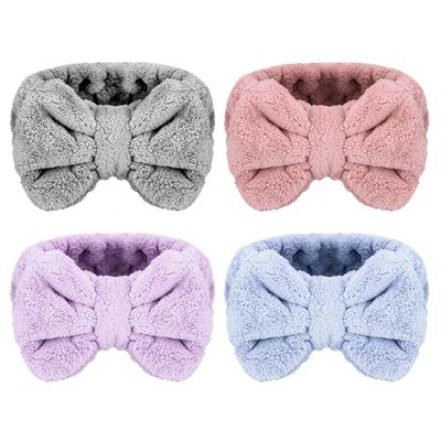 Senkary 4 Pack Bow Makeup Headband Microfiber Spa Headbands Towel Headband Soft Puffy Washing Face Headband for Women Girls Shower Bath Skincare (Pink, Light Blue, Purple, Gray)