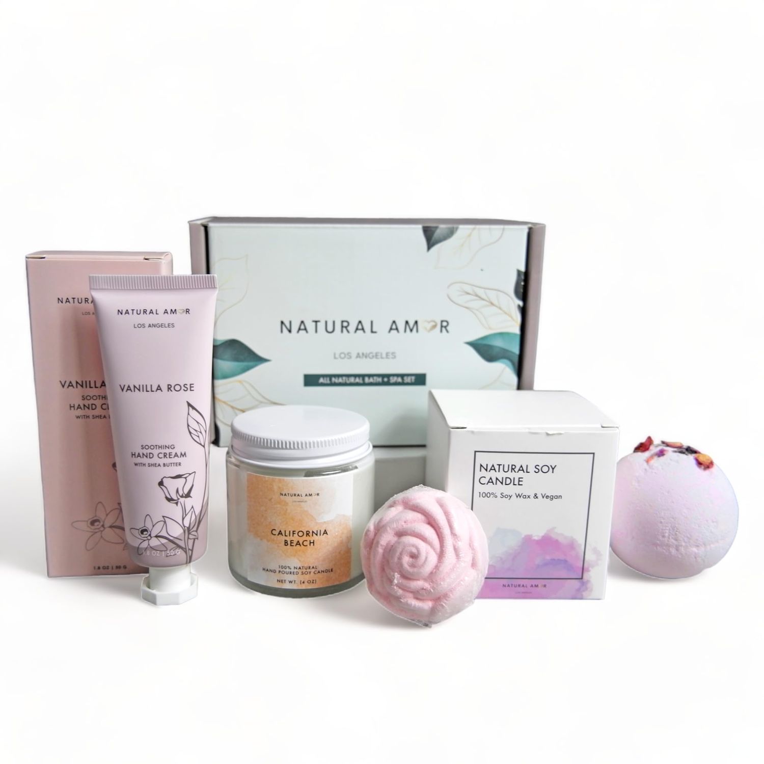 Natural Amor Relaxation Spa Gifts for Women,4pcs Gift Box Including Candle, Hand cream, Bath Bomb