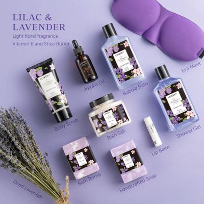 Valentines Gift Basket, Lavender &amp; Lilac Spa Gift Basket For Women &amp; Men - Handmade Soap, Potpourri, BathBomb, Jojoba Oil, Organic Lip Balm &amp; More - Stress Relief Set, Bath &amp; Body Self Care Package