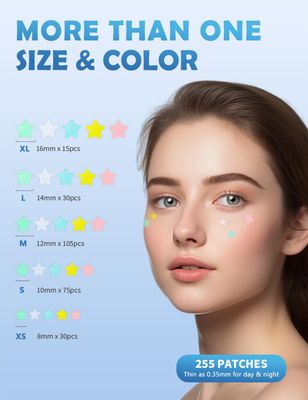 Pimple Patches for Face, 255 Pcs 5 Colors & 5 Sizes(8,10,12,14,16mm) Acne Patches Hydrocolloid Precise Matches Different Size, Cute Star Spot Stickers invisible Zit Covering, Absorbing Cover, Tea Tree