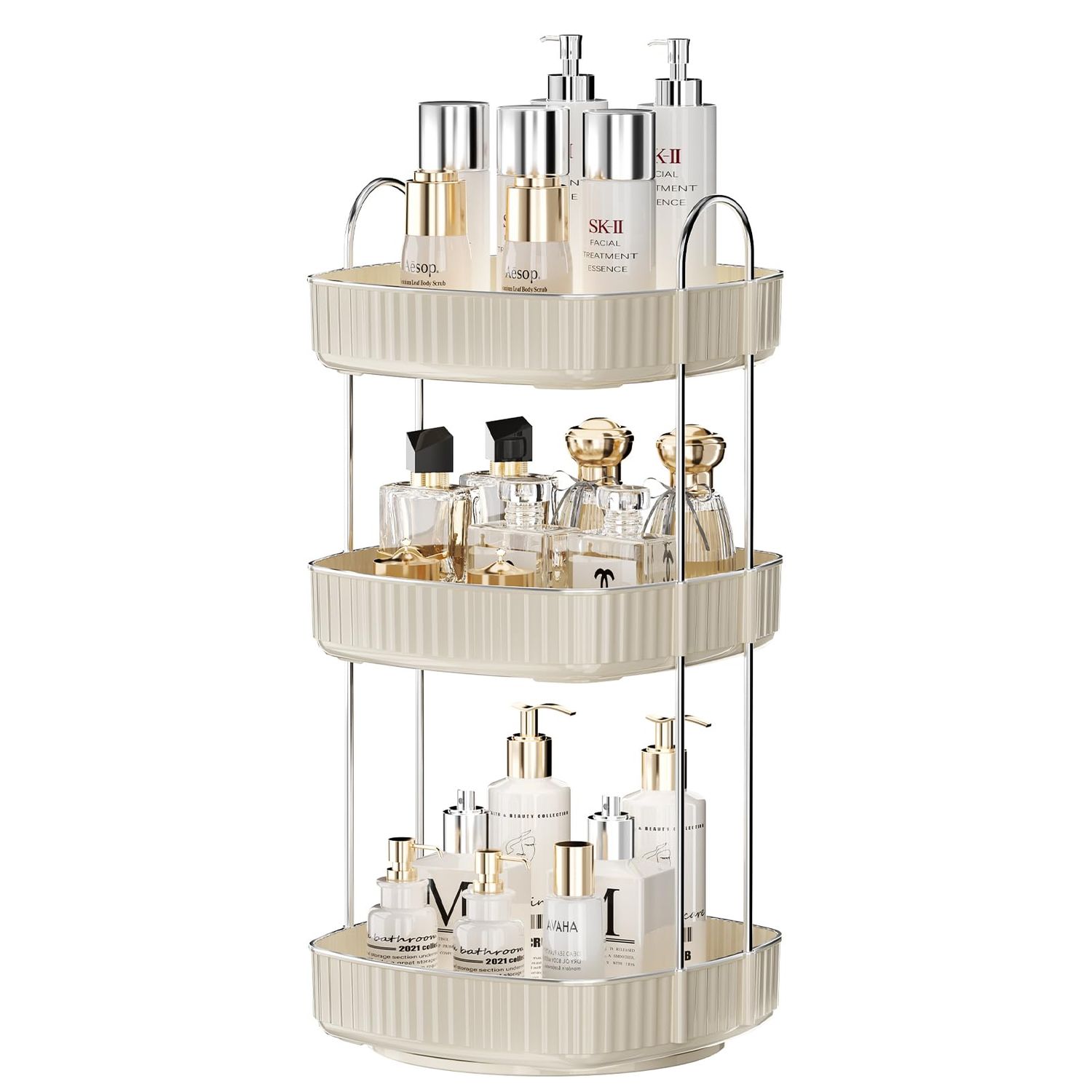 YCIA&amp;DONE 360 Rotating Makeup Organizer for Vanity, 2 Tiers New Square Shaped Cosmetics Organizer, Bathroom Organizer Countertop, Perfume Stand Tray, Skincare Organizers, Warm White