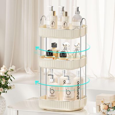 YCIA&amp;DONE 360 Rotating Makeup Organizer for Vanity, 2 Tiers New Square Shaped Cosmetics Organizer, Bathroom Organizer Countertop, Perfume Stand Tray, Skincare Organizers, Warm White