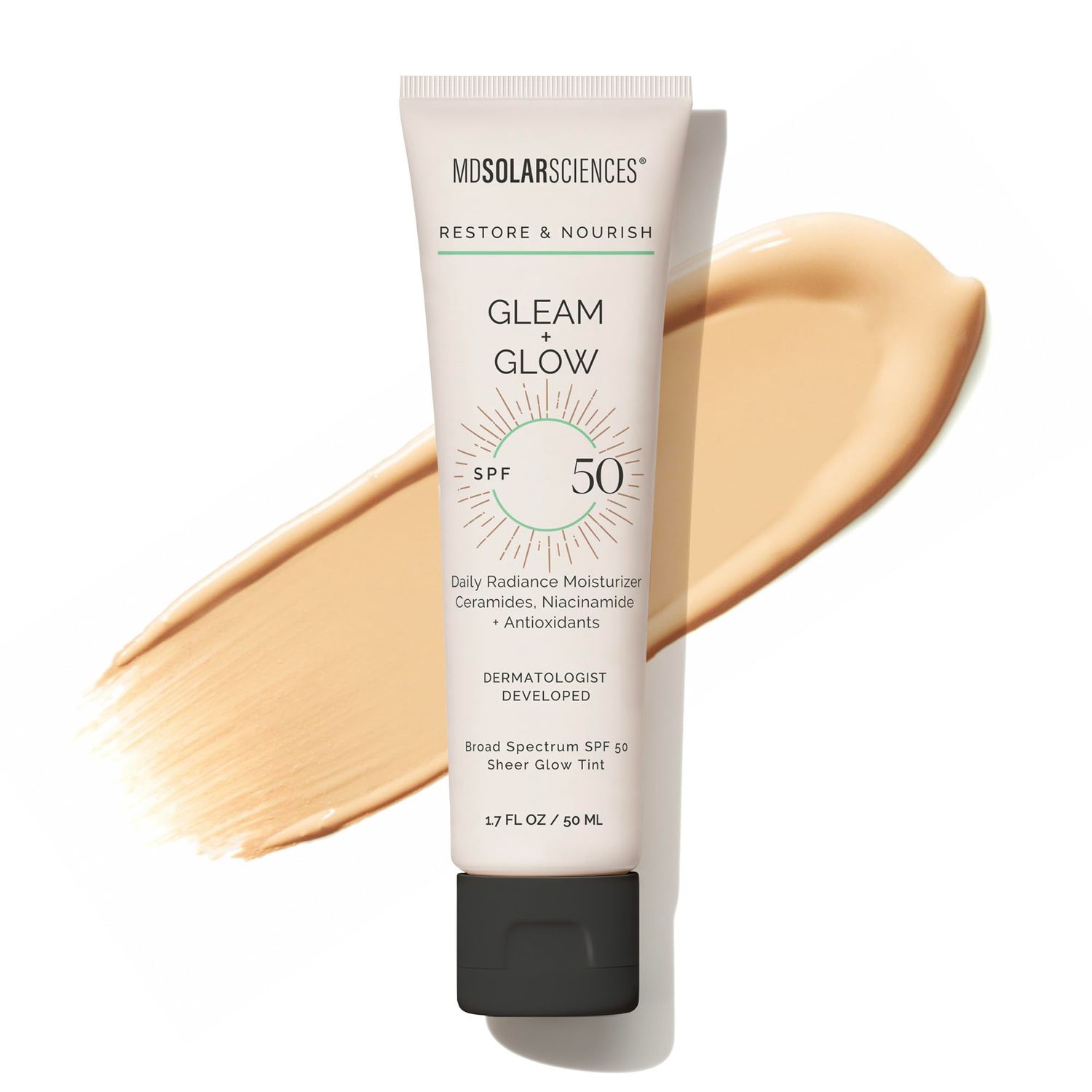 MDSolarSciences Gleam and Glow Sunscreen SPF 50 Tinted Face Moisturizer with Broad Spectrum UV Protection, Anti Aging Antioxidants, Sheer, Hydrating, Makeup Primer for Radiant Skin, 1.7 Fl Oz