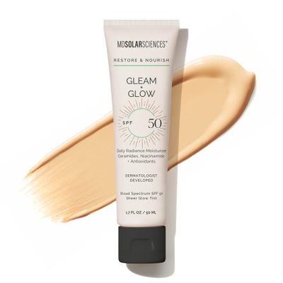 MDSolarSciences Gleam and Glow Sunscreen SPF 50 Tinted Face Moisturizer with Broad Spectrum UV Protection, Anti Aging Antioxidants, Sheer, Hydrating, Makeup Primer for Radiant Skin, 1.7 Fl Oz
