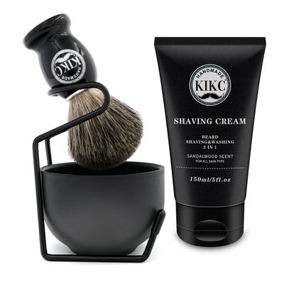 KIKC 5 in 1 Shaving Kit for Wet Shave, Set Includes Hand Crafted Pure Badger Shave Brush, Stainless Steel Lathering Soap Bowl, Shave Brush Stand, Shaving Cream, Best Gift for Bearded Man, Deluxe Black