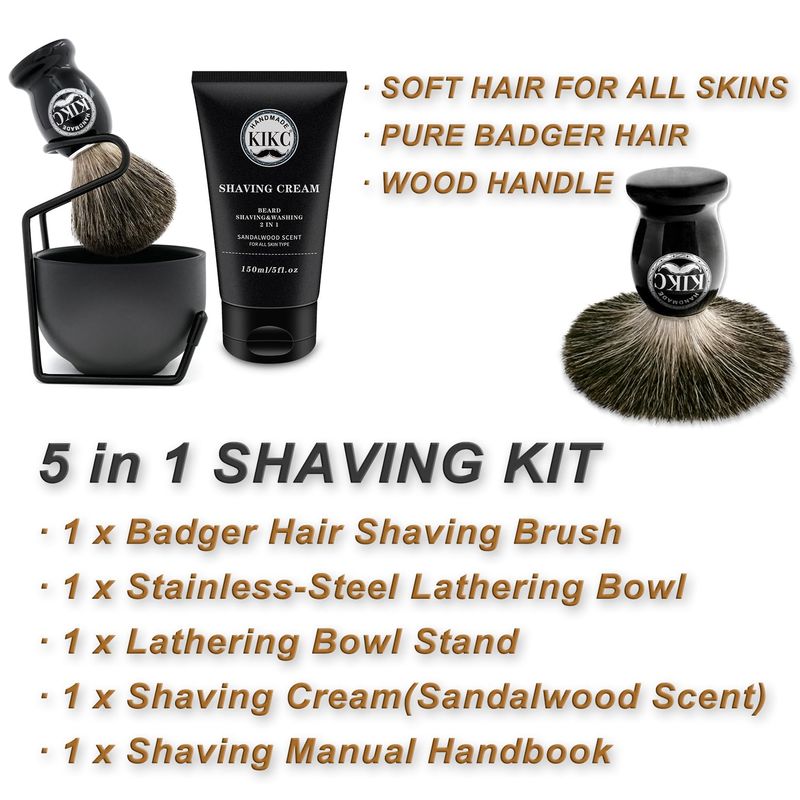 KIKC 5 in 1 Shaving Kit for Wet Shave, Set Includes Hand Crafted Pure Badger Shave Brush, Stainless Steel Lathering Soap Bowl, Shave Brush Stand, Shaving Cream, Best Gift for Bearded Man, Deluxe Black