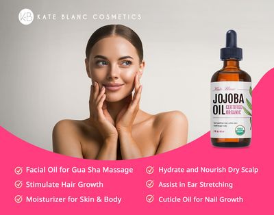 Kate Blanc Cosmetics Jojoba Oil for Hair, Face &amp; Skin. Gua Sha Oil for Face Massage &amp; Dermaplaning (2oz, Organic, 100% Pure, Natural)