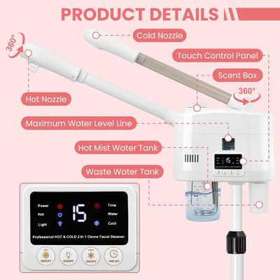Professional Facial Steamer, 2 in 1 Facial Steamer with Hot&amp;Cold Nozzle, Esthetician Face Steamer with Digital Display for Spa, Salon and Home Use