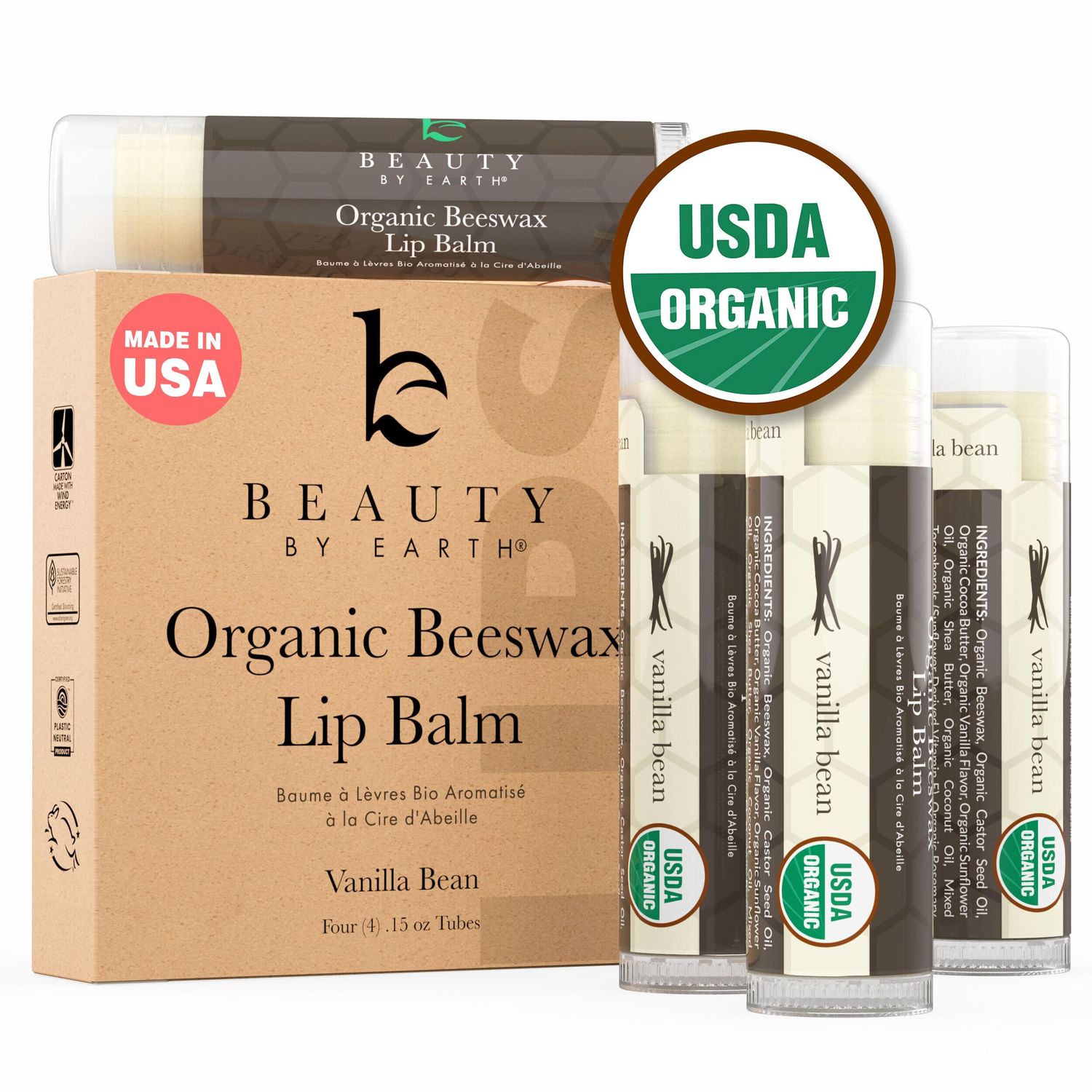USDA Organic Lip Balm - USA Made &amp; All Natural, Beeswax Vanilla Chapstick for Dry Lips, Gifts for Women, Birthday Gifts for Her &amp; Him, Hydrating Lip Balm Beauty Gifts, Natural Chapstick