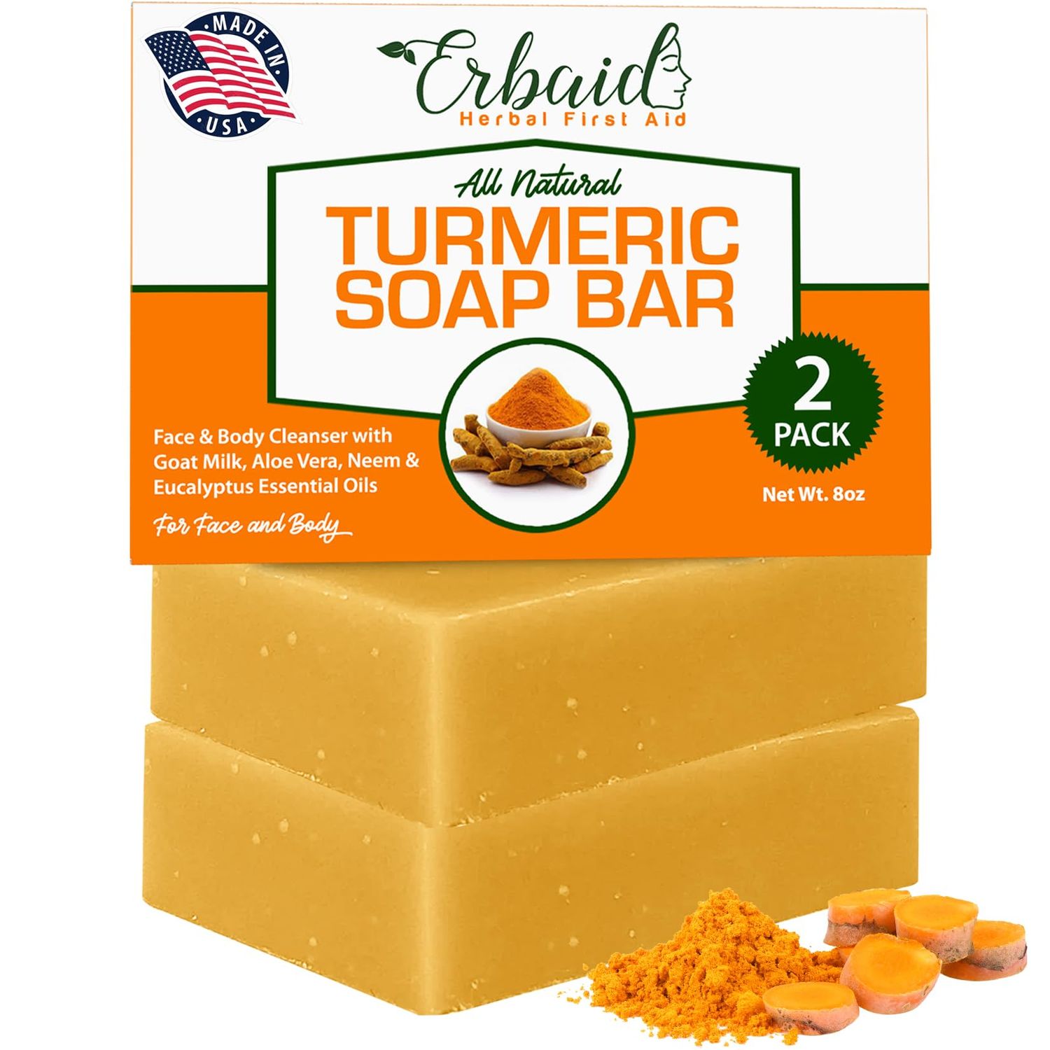 Natural Turmeric Soap Bar for Face &amp; Body - Turmeric Skin Brightening Soap Wash for Dark Spots, Intimate Areas, Underarms - Turmeric Reduces Acne, Fades Scars &amp; Cleanses Skin (4 Ounce (Pack of 2))
