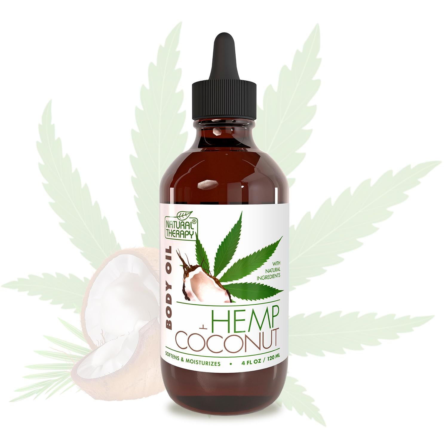 Natural Therapy Body Oil with Hemp &amp; Coconut - Dry Skin Moisturizer and Hydrating Massage Oil - Increase Skin Elasticity and Provide Anti-Aging Support for Face and Body (4 fl.oz)