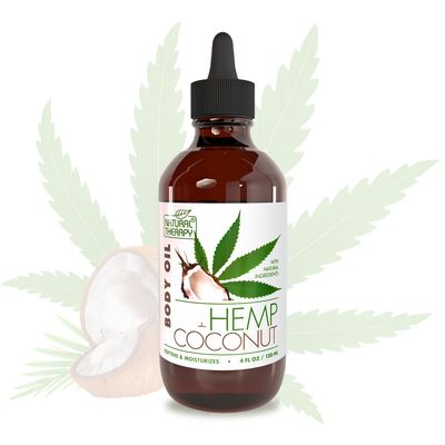 Natural Therapy Body Oil with Hemp &amp; Coconut - Dry Skin Moisturizer and Hydrating Massage Oil - Increase Skin Elasticity and Provide Anti-Aging Support for Face and Body (4 fl.oz)