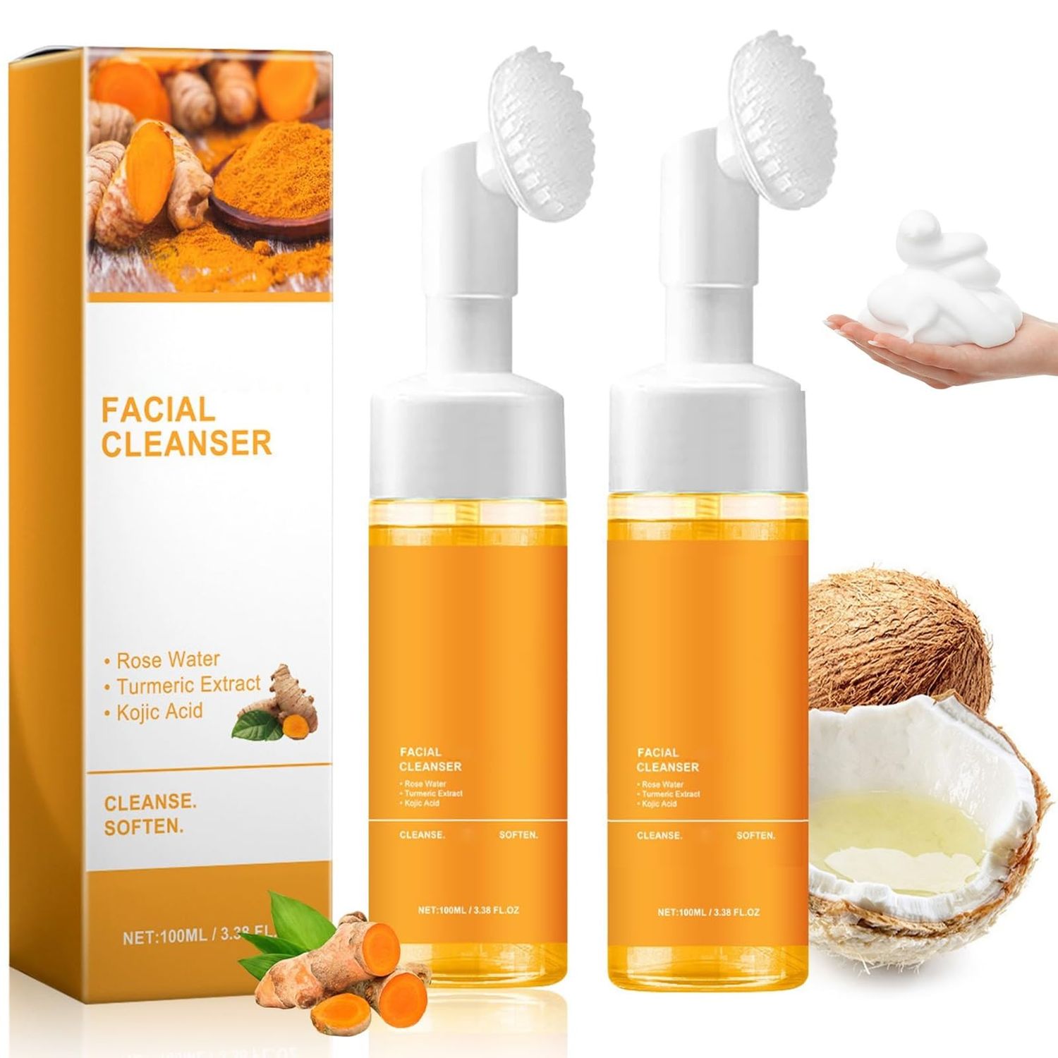 JALAWEF 2 Pcs Turmeric Glow Wash Face Wash With Brush, Deep Cleansing Facial Skin Turmeric Foaming Face Wash.